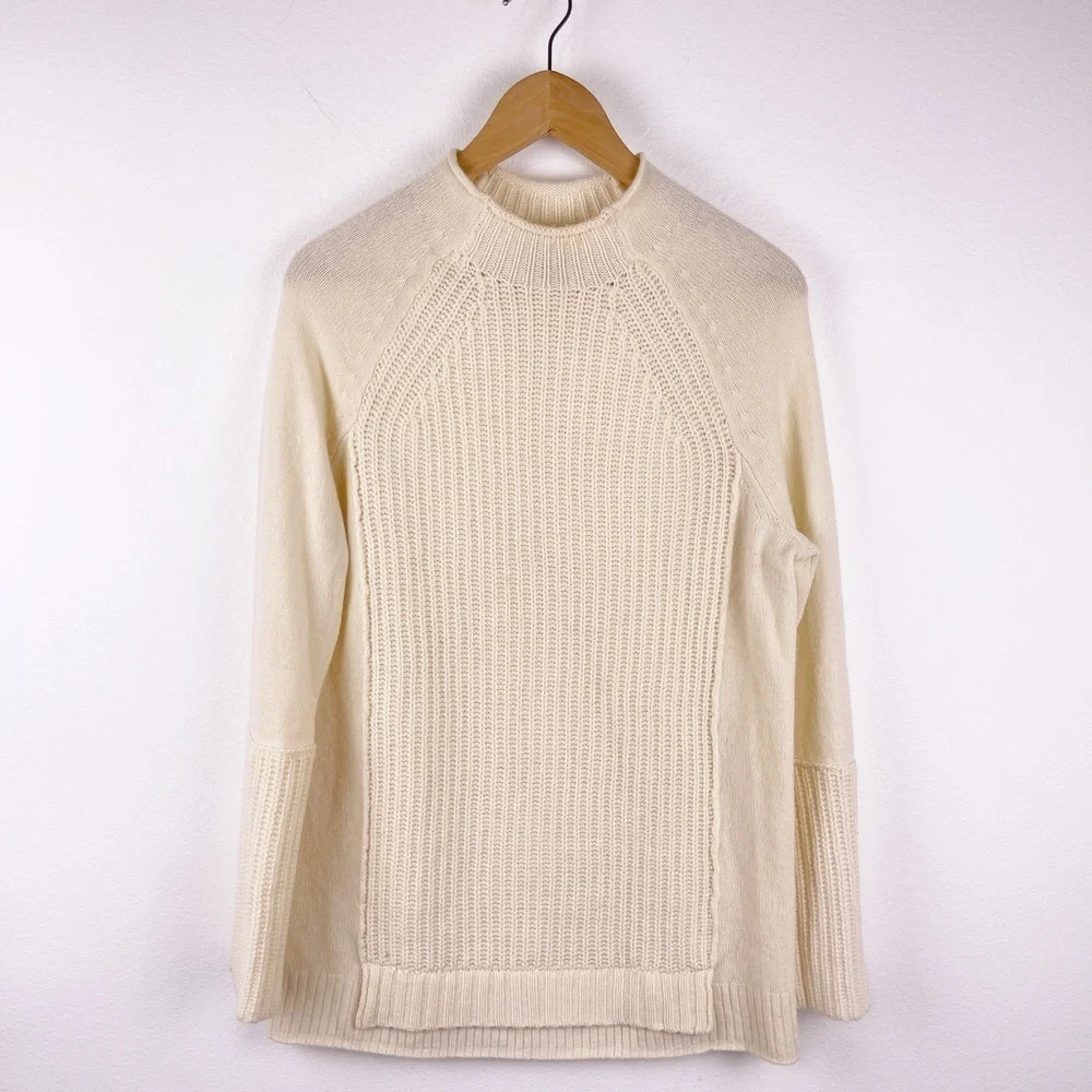 J. Crew Mockneck Tunic Sweater Cream Fine Wool Women's Small Mixed Fabric H4391 - Picture 2 of 9